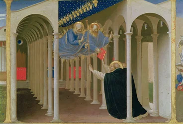 De hellige Peter og Paulus viser sig for den hellige Dominikus, fra predellapanelet til Jomfruens kroning, ca. 1430-32